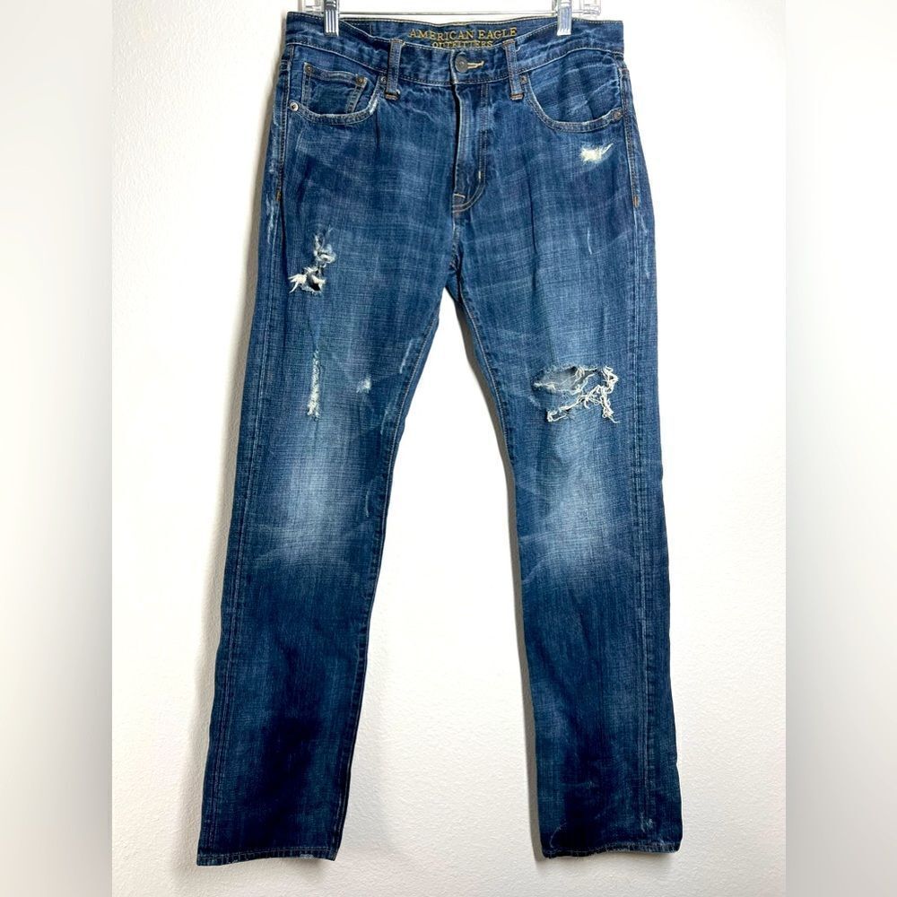 American Eagle Jeans Mens 30x32 Blue Slim Straight Distressed Dark Denim